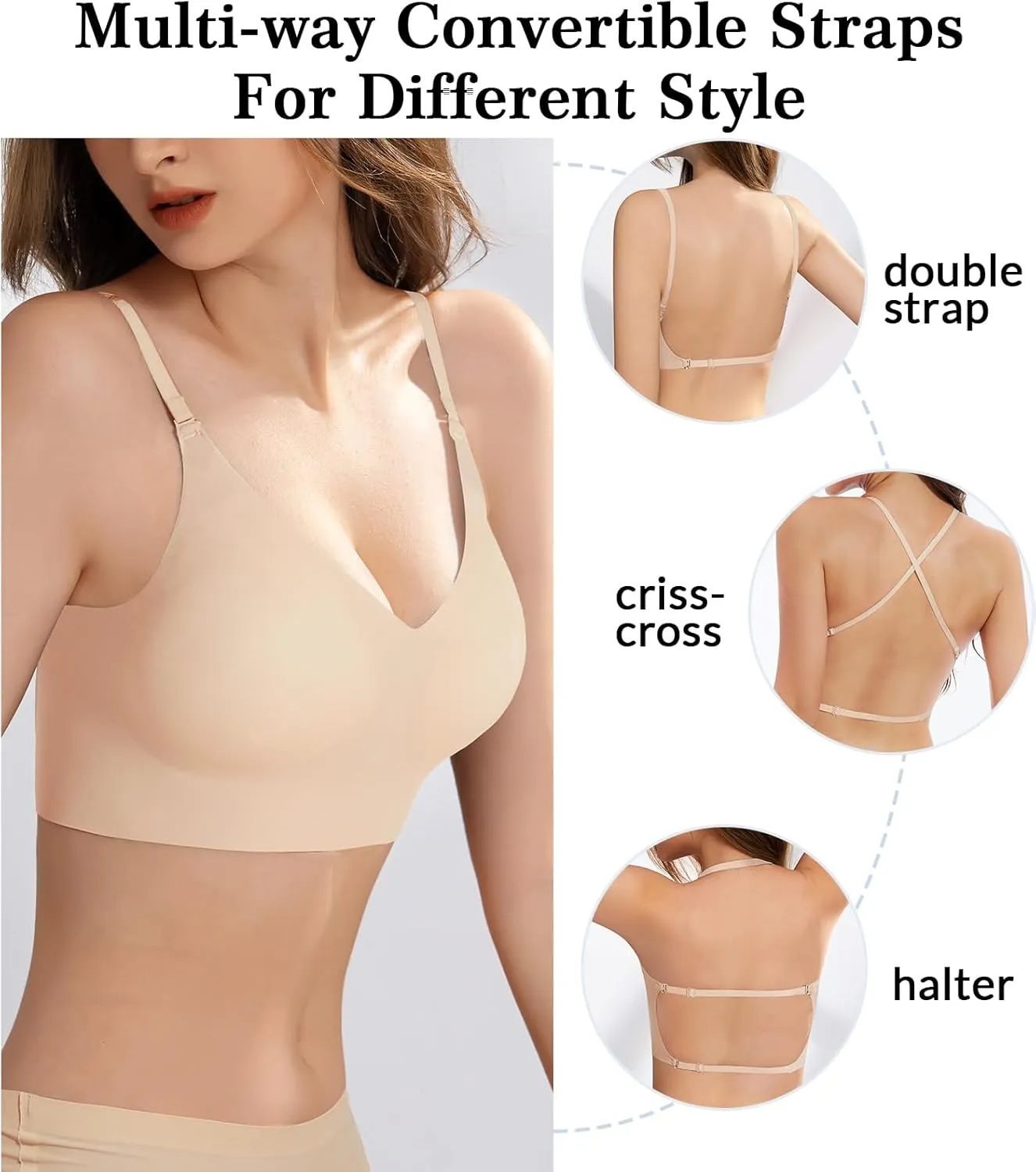 Seamless Low Back Bra Wireless Padded Bralette Thin Straps Comfort Halter Backless Cross Multiway Convertible Bras