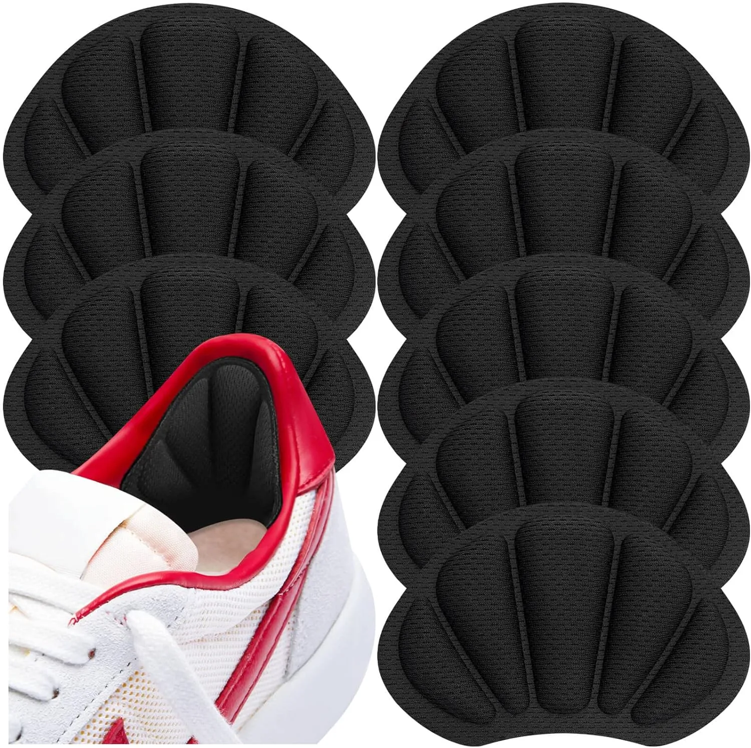 Shoe Heel Inserts, 8 Pcs Mesh Self-Adhesive Heel Cushion Pads for Back of Heel, Heel Cushion Inserts Prevent Shoes Too Big for Women Men, Black