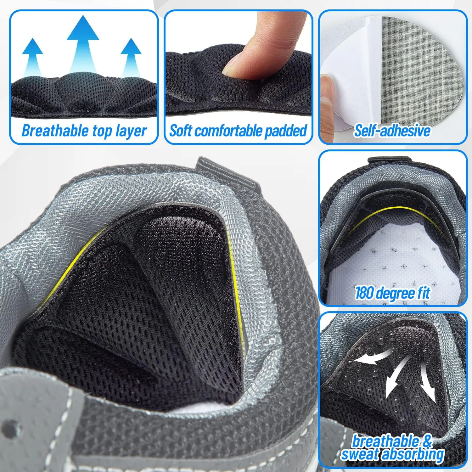Shoe Heel Inserts, 8 Pcs Mesh Self-Adhesive Heel Cushion Pads for Back of Heel, Heel Cushion Inserts Prevent Shoes Too Big for Women Men, Black