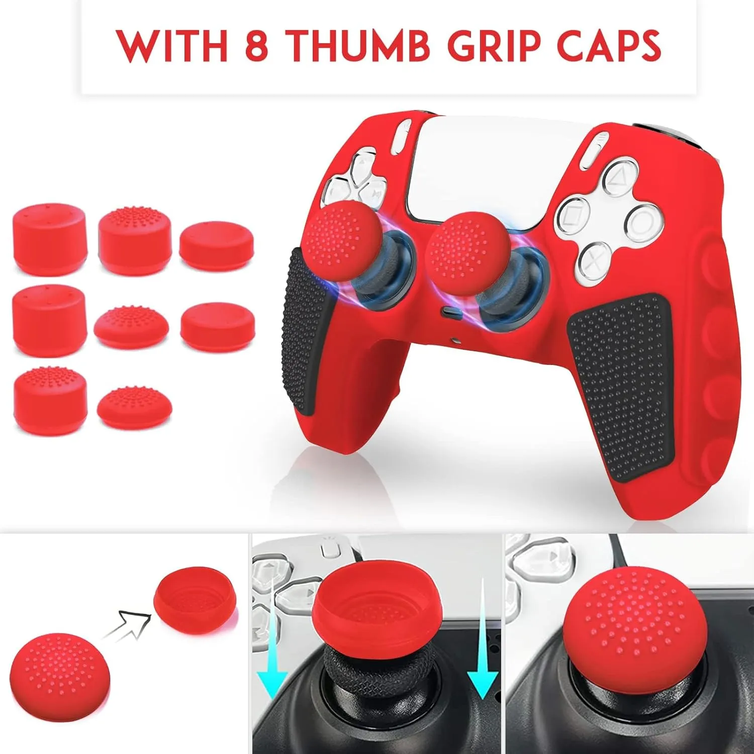 SIKEMAY Anti-Slip PS5 Controller Skin, Soft Thicken Non-Slip Studded Silicone Gel Grip Protective Cover Case for PlayStation 5 Controller Grip, 2 Pack with 8 x Thumb Grip Caps