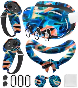 Silicone Cover Set Compatible with Meta/Oculus Quest 3 Accessories, Controller Grips, VR Shell Cover, Facial Interface Cover, Protective Lens Cover, Tempered Glass Lens Caps, Not Fit Quest 3S