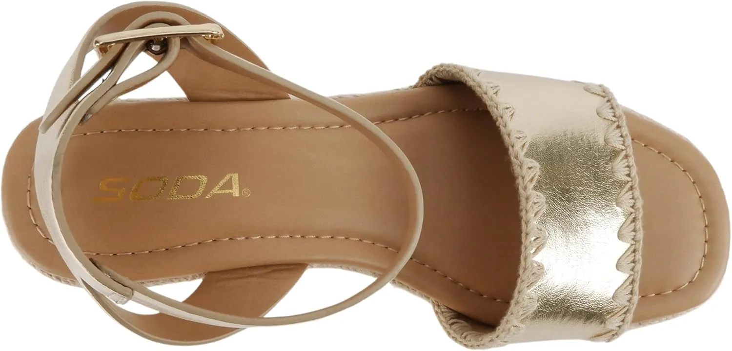 Soda Laguna ~ Women Square Toe Stitched Single Band Low Heel Espadrille Wedge Sandal with Adjustable Ankle Strap