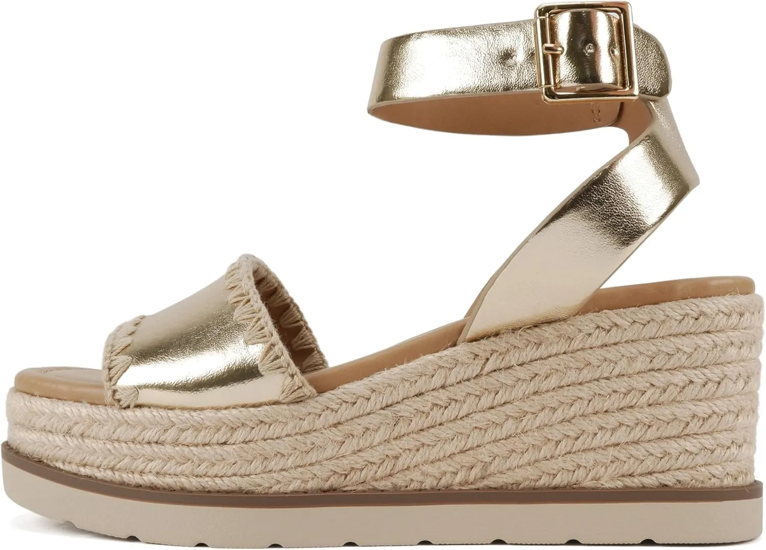 Soda Laguna ~ Women Square Toe Stitched Single Band Low Heel Espadrille Wedge Sandal with Adjustable Ankle Strap