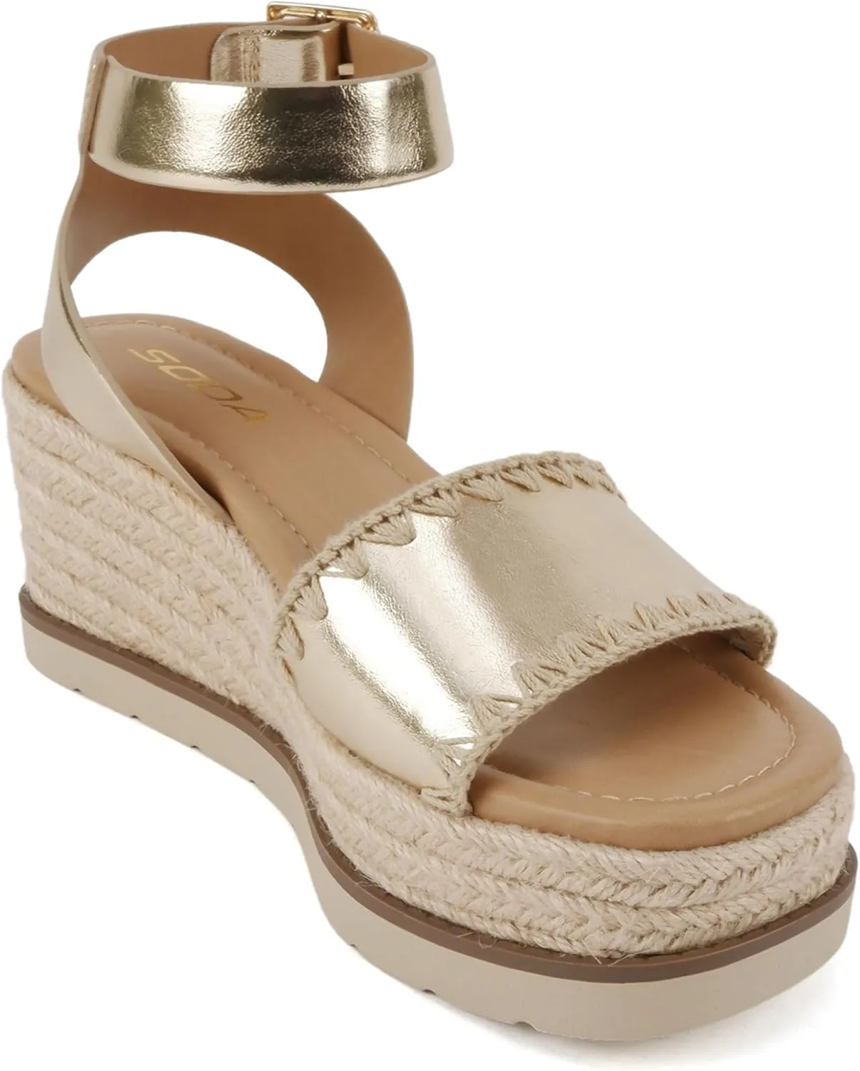 Soda Laguna ~ Women Square Toe Stitched Single Band Low Heel Espadrille Wedge Sandal with Adjustable Ankle Strap