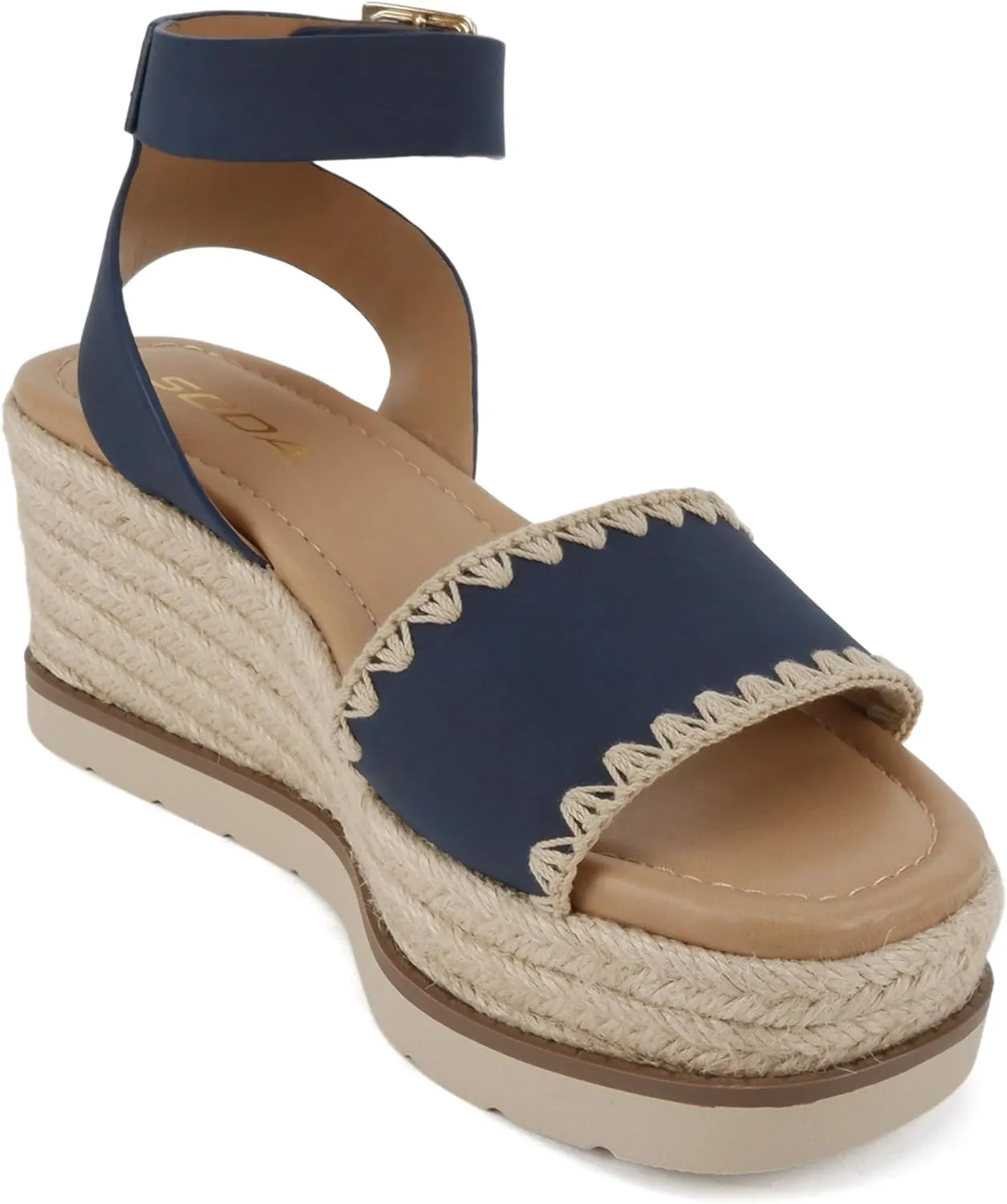 Soda Laguna ~ Women Square Toe Stitched Single Band Low Heel Espadrille Wedge Sandal with Adjustable Ankle Strap