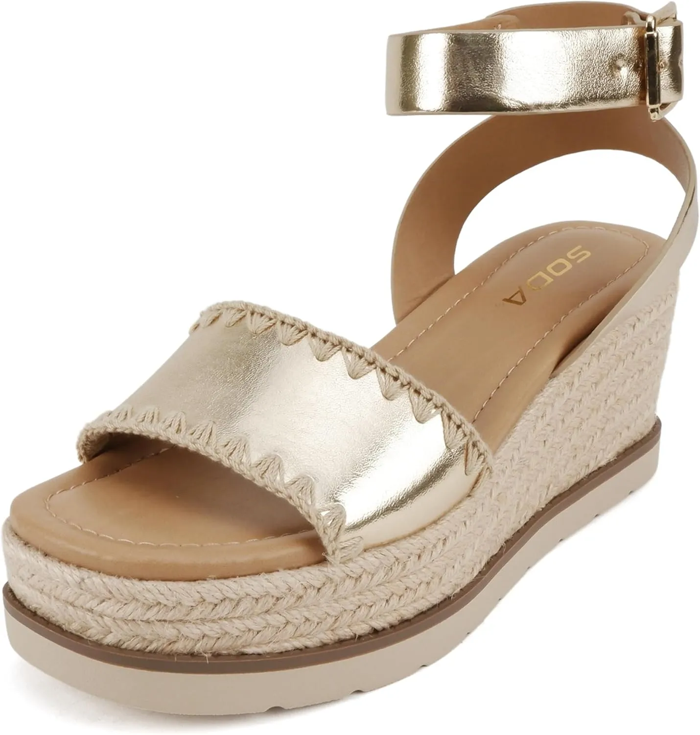 Soda Laguna ~ Women Square Toe Stitched Single Band Low Heel Espadrille Wedge Sandal with Adjustable Ankle Strap