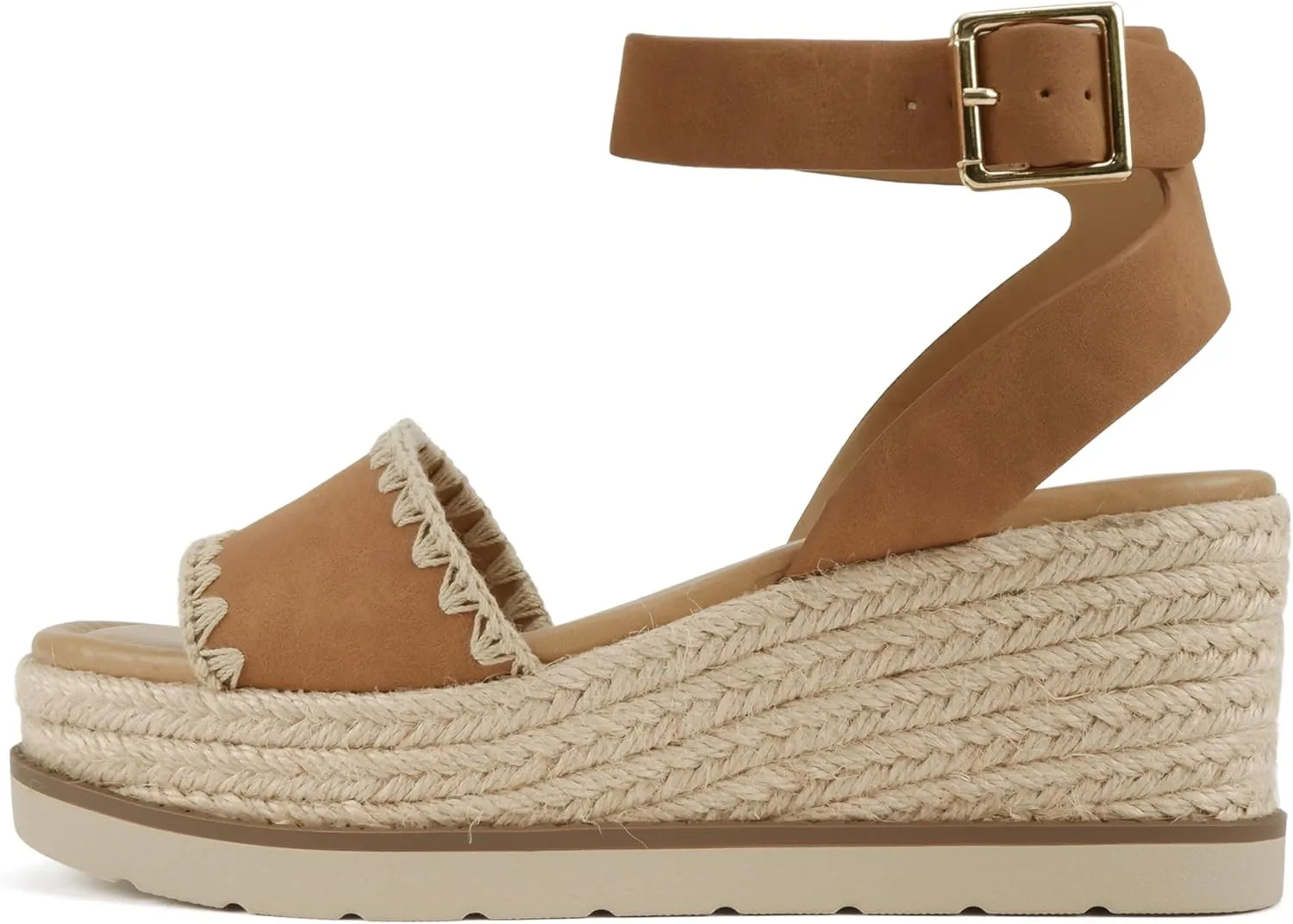 Soda Laguna ~ Women Square Toe Stitched Single Band Low Heel Espadrille Wedge Sandal with Adjustable Ankle Strap