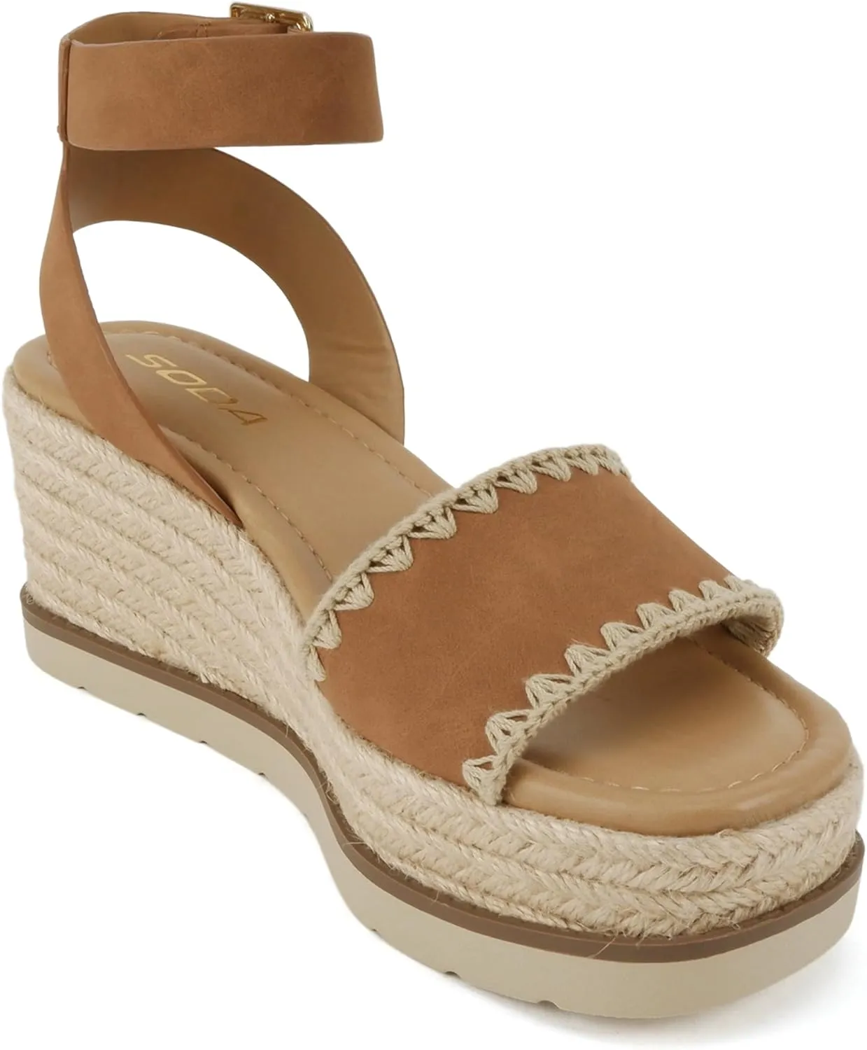 Soda Laguna ~ Women Square Toe Stitched Single Band Low Heel Espadrille Wedge Sandal with Adjustable Ankle Strap