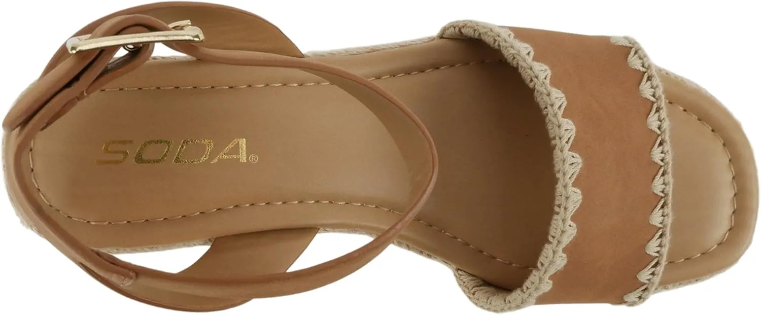 Soda Laguna ~ Women Square Toe Stitched Single Band Low Heel Espadrille Wedge Sandal with Adjustable Ankle Strap