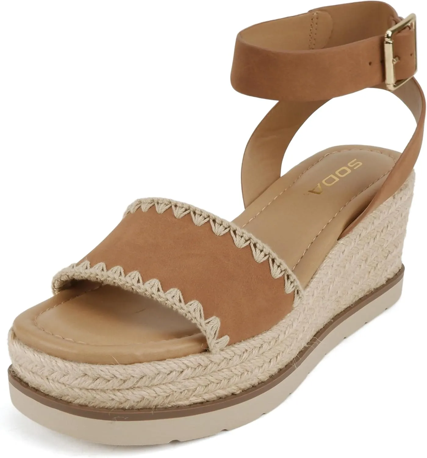 Soda Laguna ~ Women Square Toe Stitched Single Band Low Heel Espadrille Wedge Sandal with Adjustable Ankle Strap