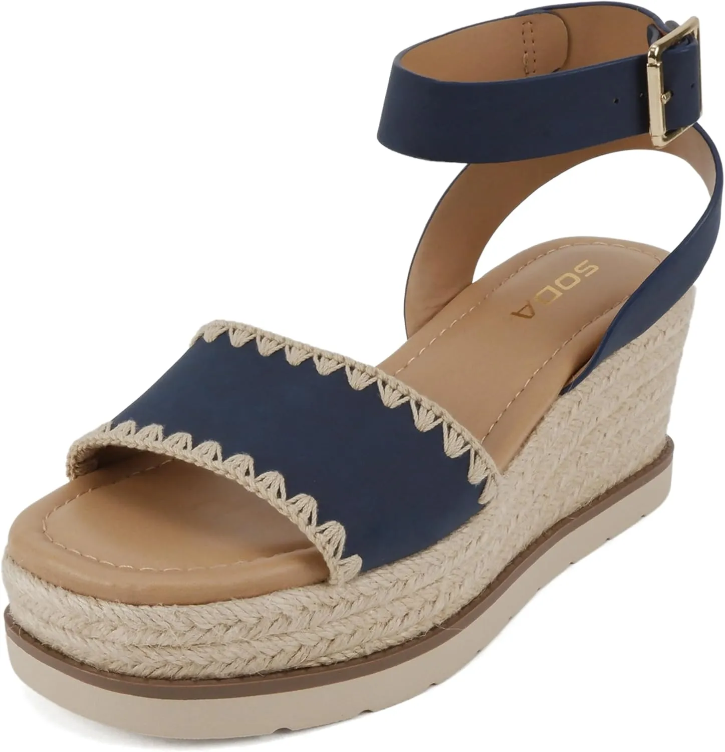 Soda Laguna ~ Women Square Toe Stitched Single Band Low Heel Espadrille Wedge Sandal with Adjustable Ankle Strap