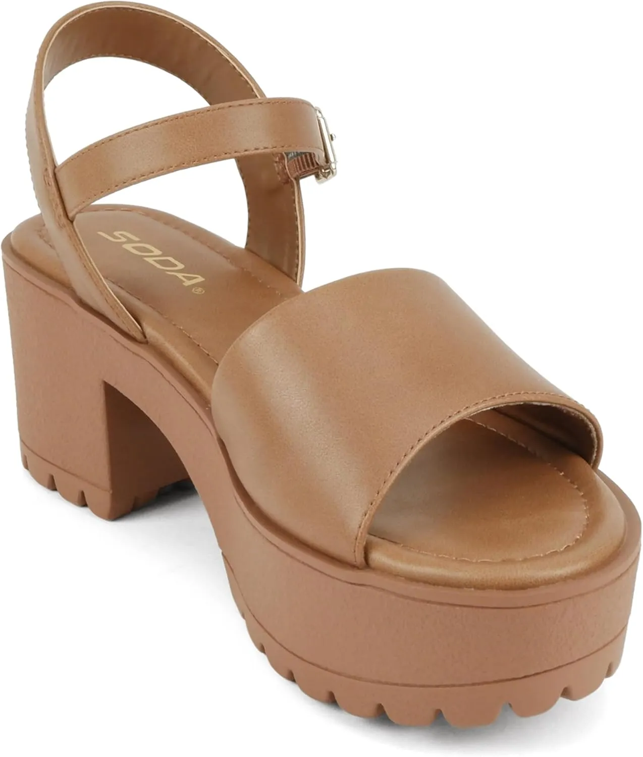 Soda Stacie ~ Women Open Toe Lug Sole Mid Block Heeled Sandals with Adjustable Ankle Strap