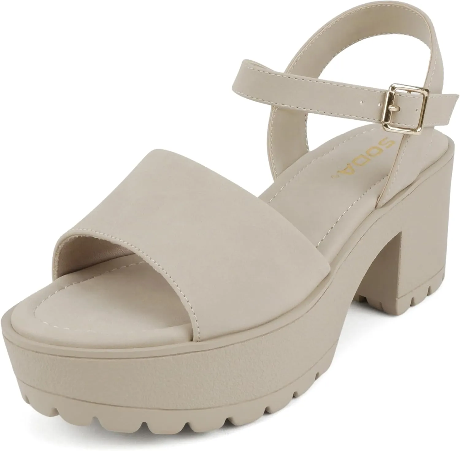 Soda Stacie ~ Women Open Toe Lug Sole Mid Block Heeled Sandals with Adjustable Ankle Strap