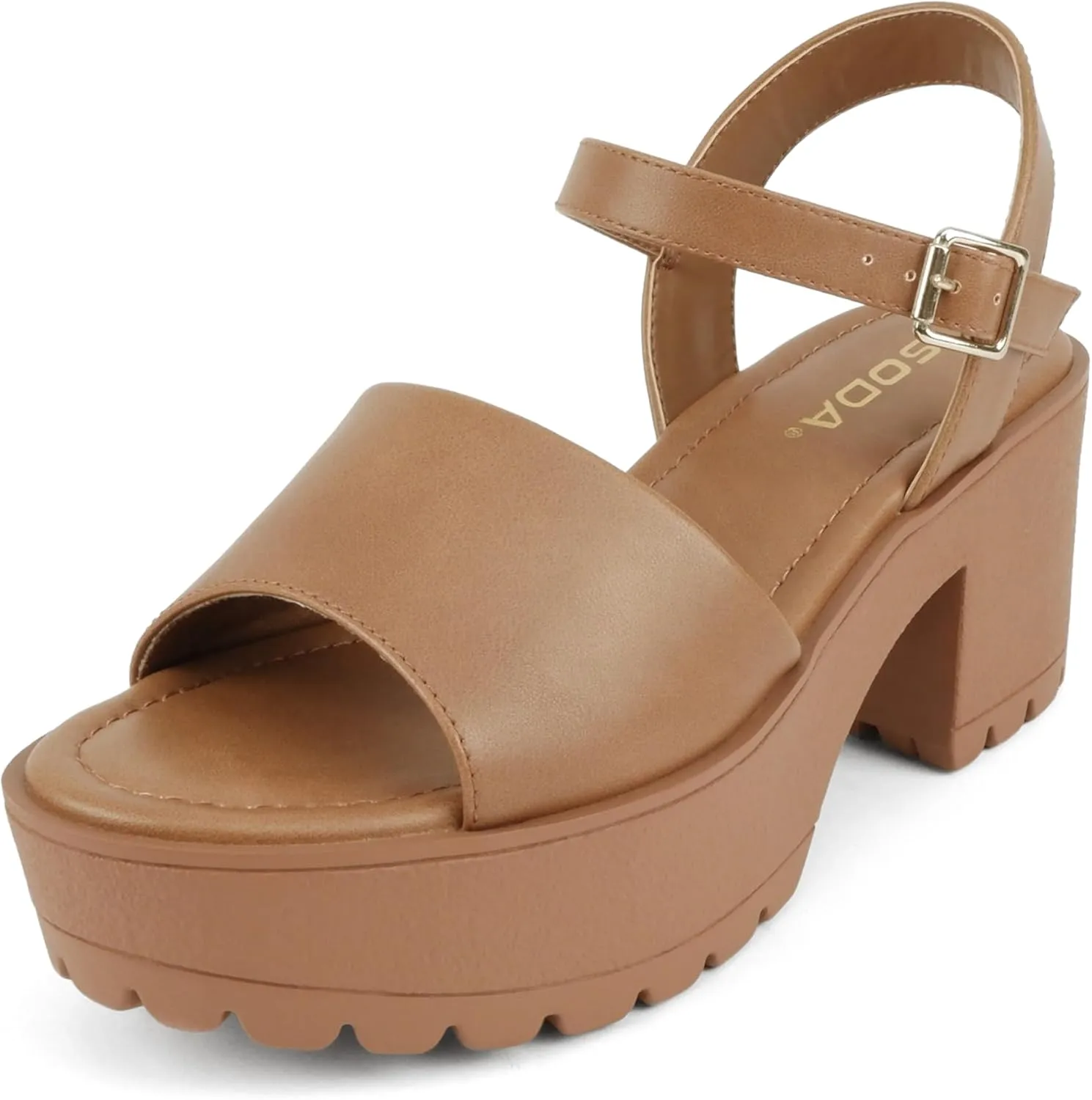 Soda Stacie ~ Women Open Toe Lug Sole Mid Block Heeled Sandals with Adjustable Ankle Strap