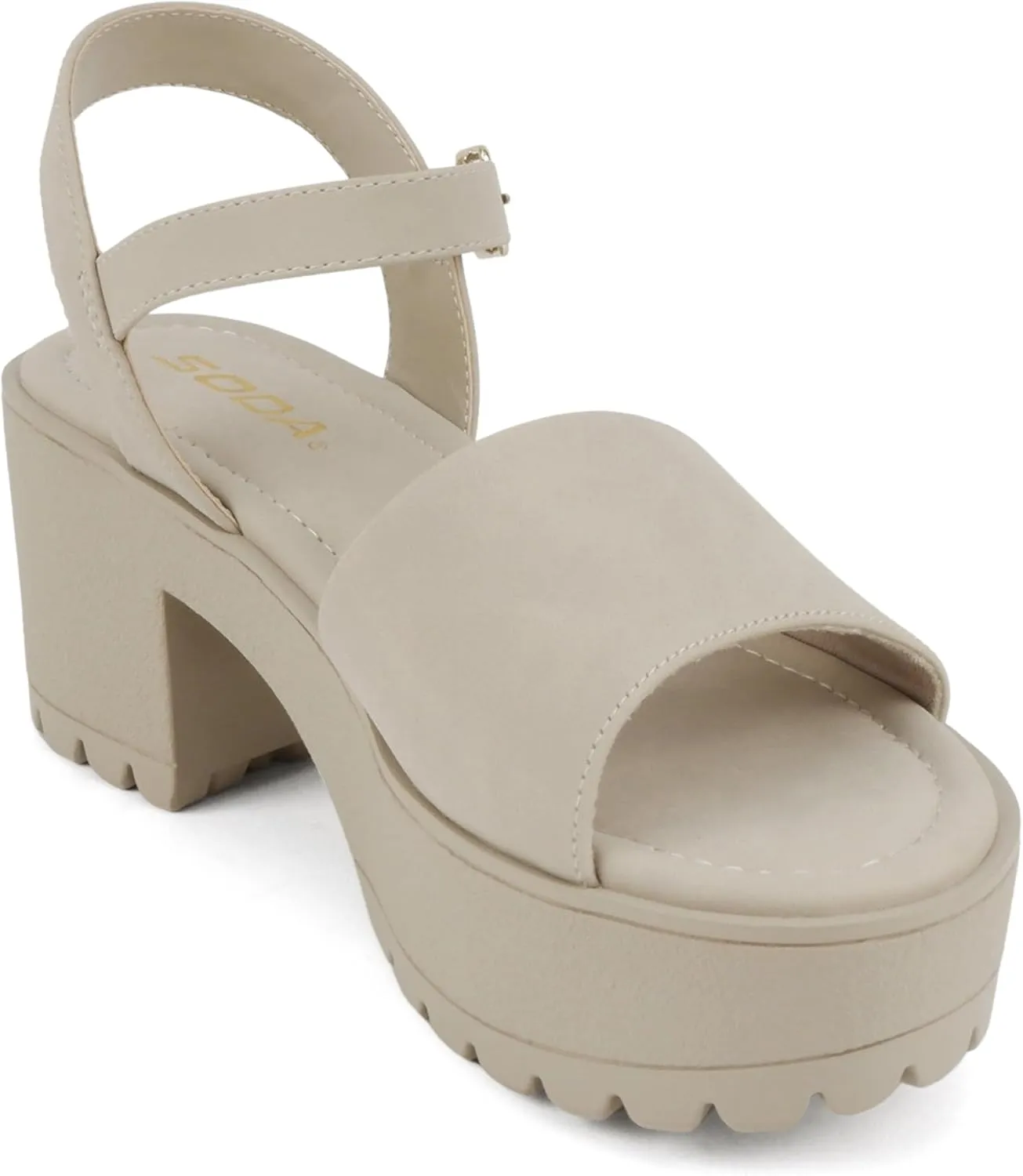 Soda Stacie ~ Women Open Toe Lug Sole Mid Block Heeled Sandals with Adjustable Ankle Strap