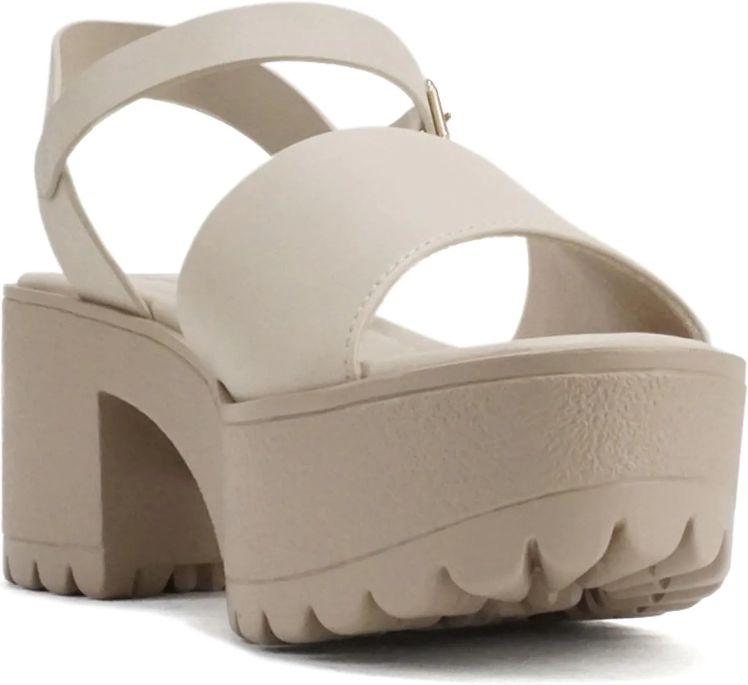 Soda Stacie ~ Women Open Toe Lug Sole Mid Block Heeled Sandals with Adjustable Ankle Strap