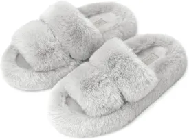 SOULROSE Women's Slippers Open Toe Memory Foam House Slippers for Women Fuzzy Furry Comfy Faux Fur Bedroom Platform Indoor Outdoor Slide Shoes with Anti-Slip Sole Womens Gift Slippers