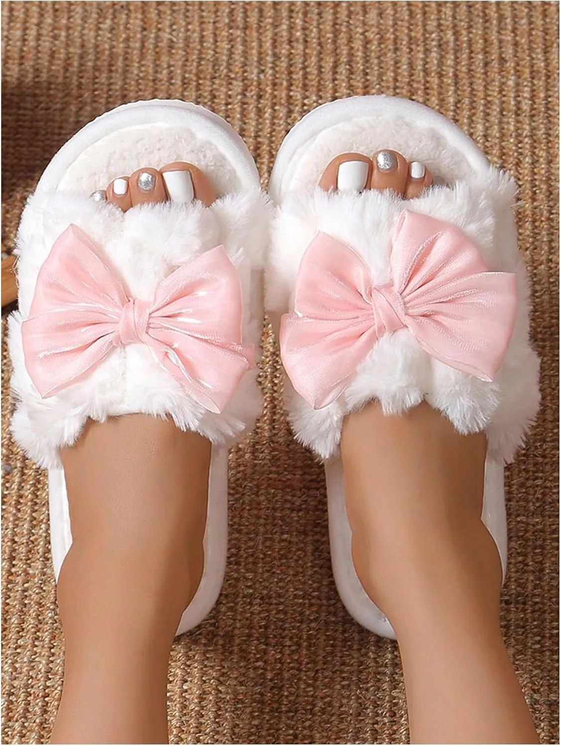 Verdusa Women's 3D Bow Plush Fuzzy Slippers Open Toe Warm Indoor Bride Wedding Slippers