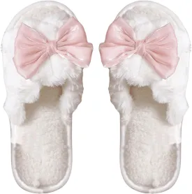 Verdusa Women's 3D Bow Plush Fuzzy Slippers Open Toe Warm Indoor Bride Wedding Slippers