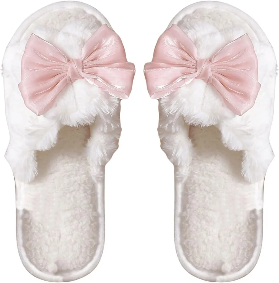 Verdusa Women's 3D Bow Plush Fuzzy Slippers Open Toe Warm Indoor Bride Wedding Slippers