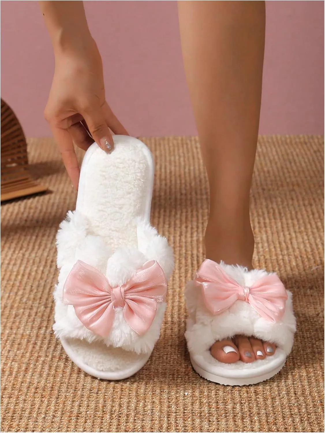 Verdusa Women's 3D Bow Plush Fuzzy Slippers Open Toe Warm Indoor Bride Wedding Slippers