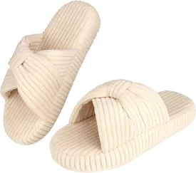 Women's Comfy Memory Foam Corduroy Bow Slip-On Open Toe Bedroom Slides Home Slippers Indoor/Outdoor