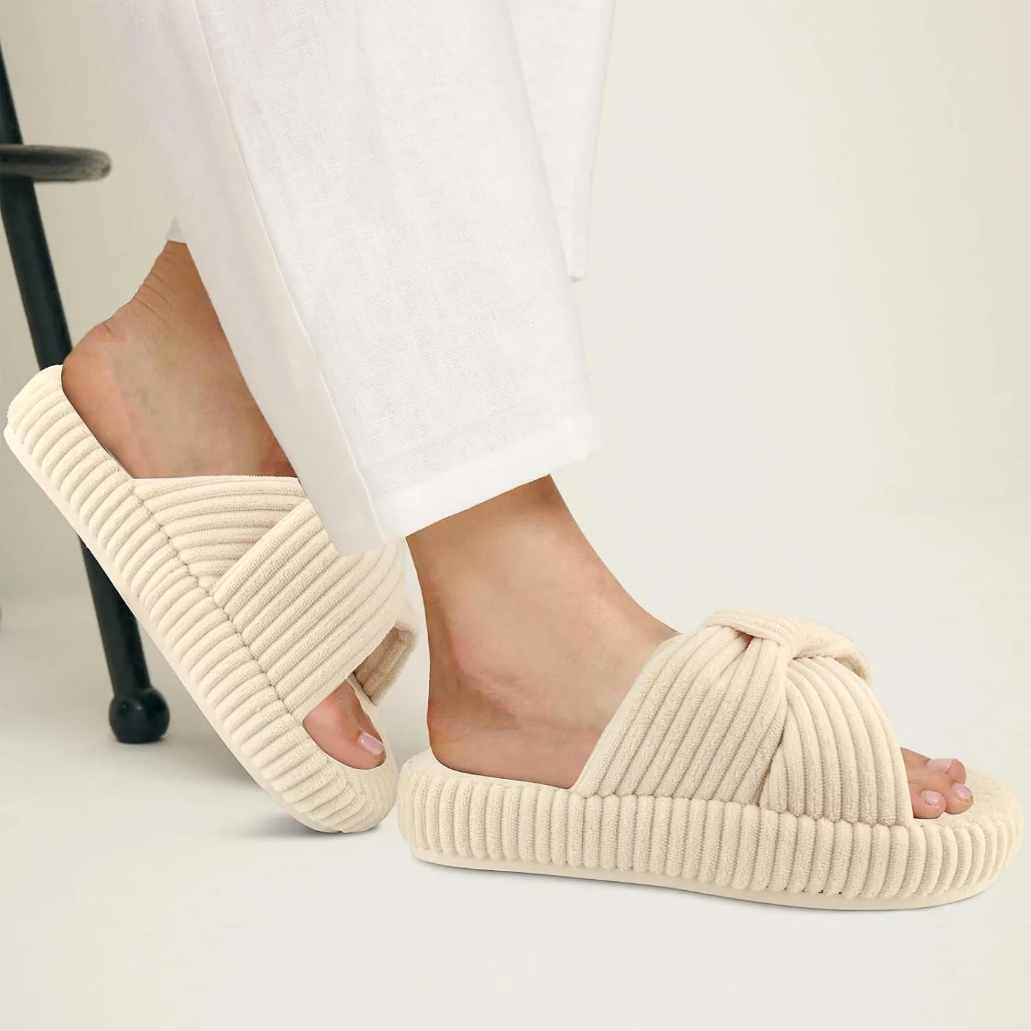 Women's Comfy Memory Foam Corduroy Bow Slip-On Open Toe Bedroom Slides Home Slippers Indoor/Outdoor